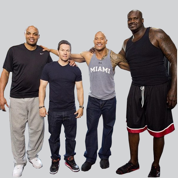 Dwayne Johnson standing next to Shaq, Charles Barkley and. 